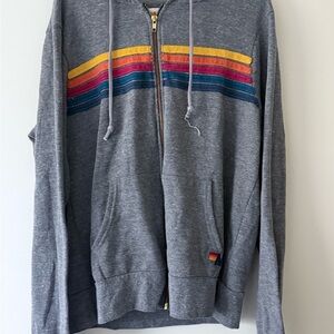 Aviator Nation Gray and Red Zip Up Sweater with Rainbow Stripes